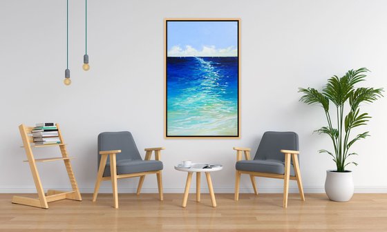 Sailing Boats Seascape Coastal Painting. Beach, Ocean, Sea Waves, Sky with Clouds. Coastal Decor Art.