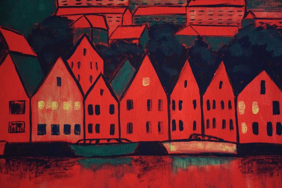 Big acrylic painting Bergen Bryggen, Norway fjord, green and red