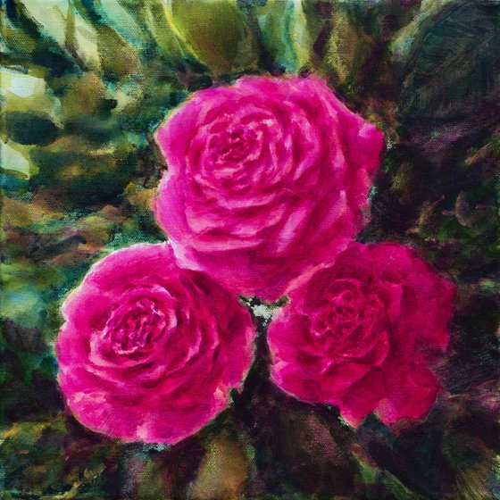 Three roses - small size floral painting - 30X30 cm Pink magenta green garden still life interior decoration home design affordable art