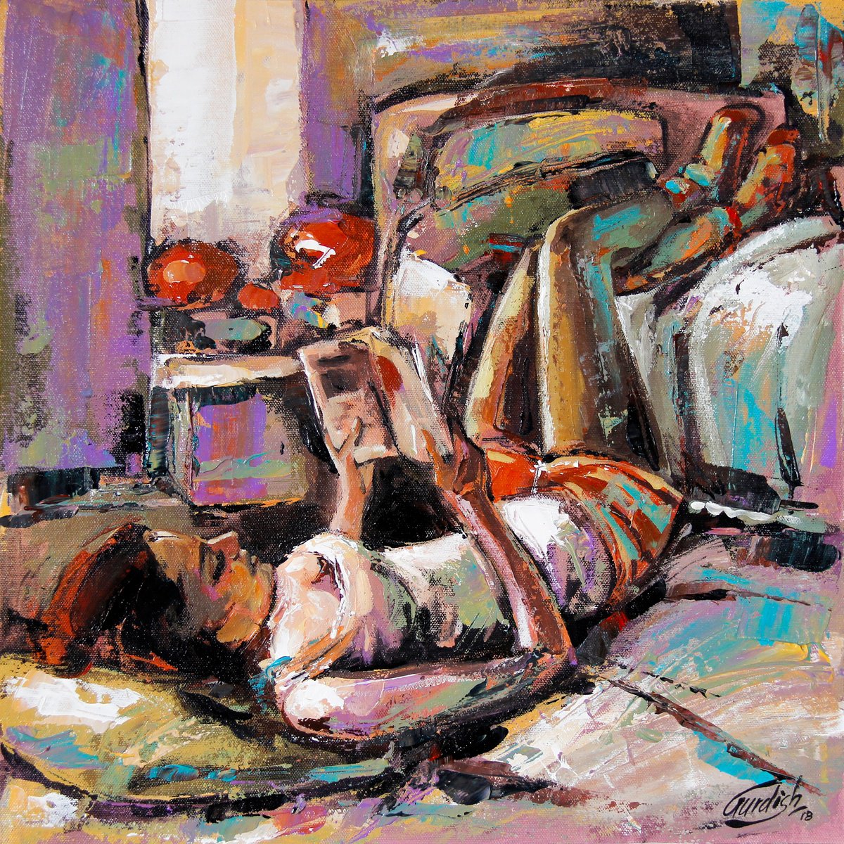 Organic Portrait Acrylic Painting By Artist Gurdish Pannu, 18 X 18, Reading His Poems, Original Artwork