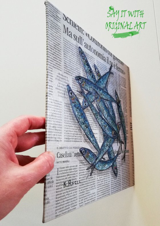 "Small Fishes Anchovies on Newspaper" Original Oil on Canvas Board 12 by 12 inches (30x30 cm)