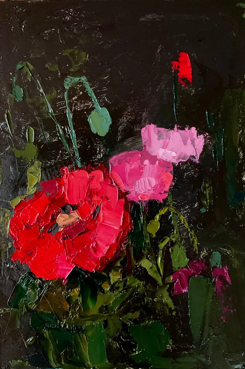 Impressionistic Botanical Oil Painting By Vera Klimova, 8 X 11", Night Poppies, Original Artwork