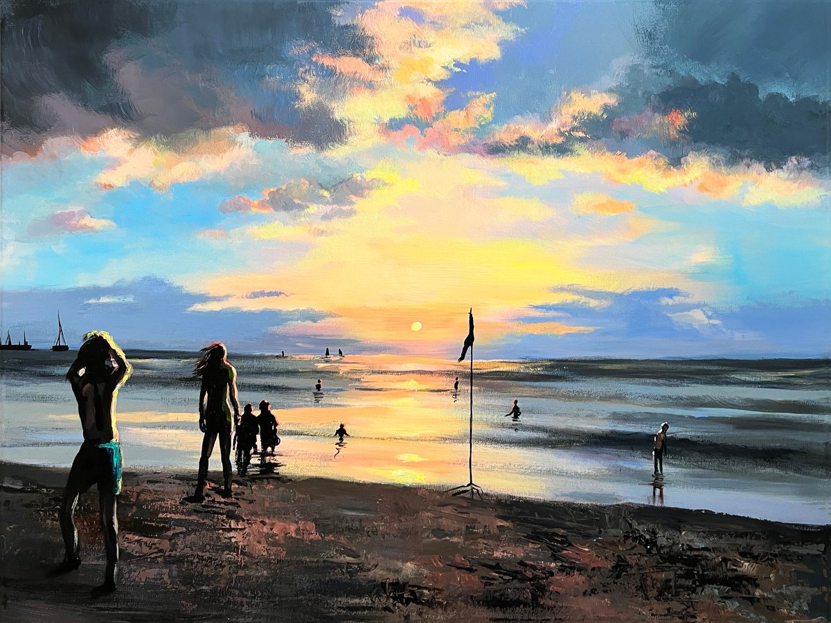 Impressionistic Landscape Acrylic Painting By Maria Kireev, 31 X 24", Sunset In Herzliya, Original Artwork