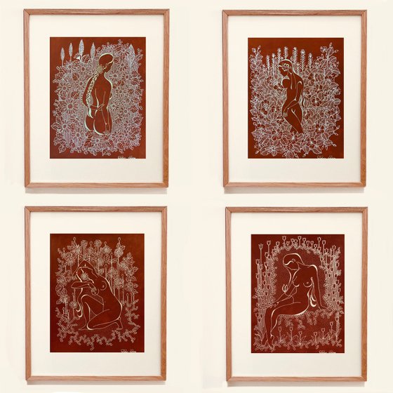 Burnt Orange Drawings (Quadriptych)