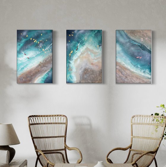 Teal Texture seascape with kayaks  2 90x60