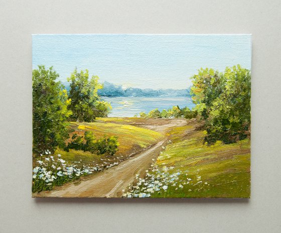 Summer landscape. Oil painting. Original Art. Small artwork. 6 x 8