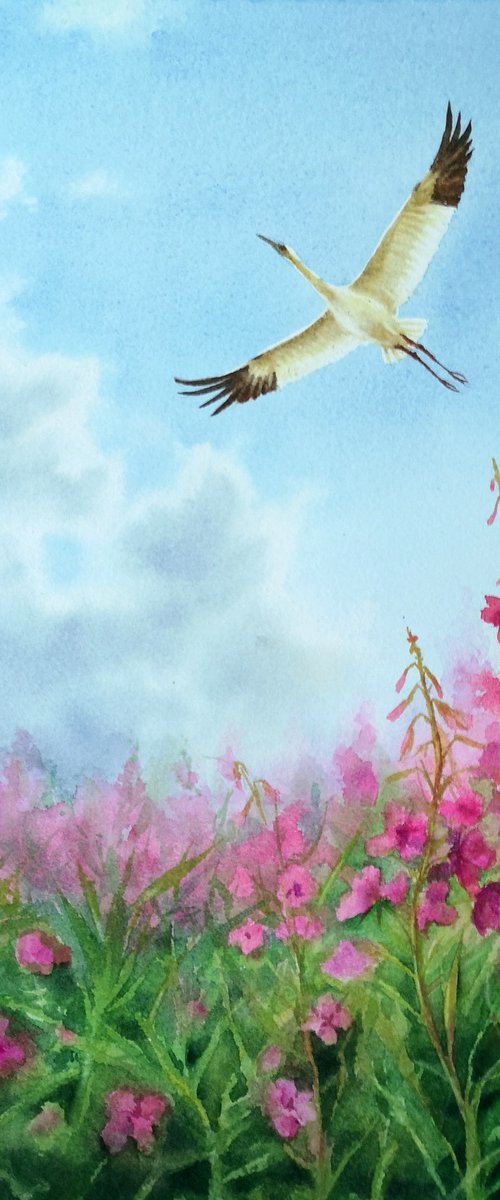 Flying Crane Bird -  watercolo by Olga Beliaeva Watercolour