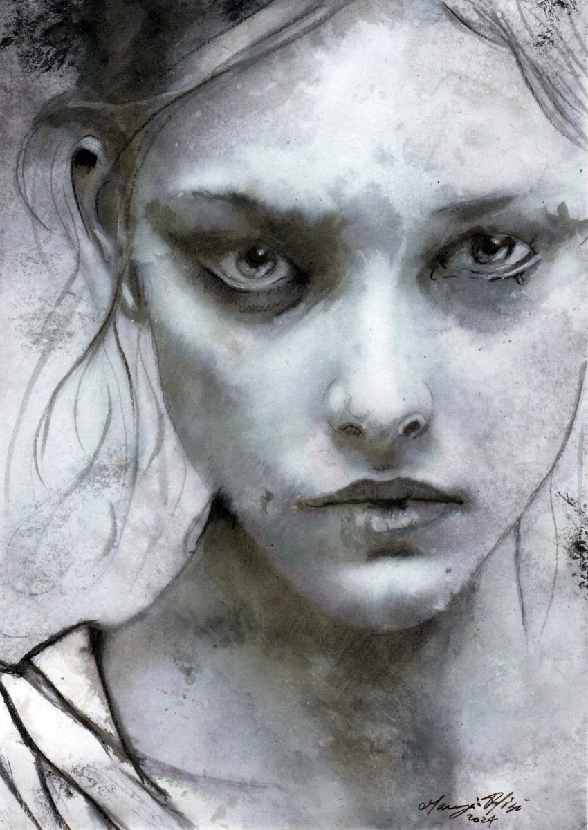 Impressionistic Portrait Ink Drawing By Maurizio Puglisi, 8 X 11", Deep Eyes, Original Artwork