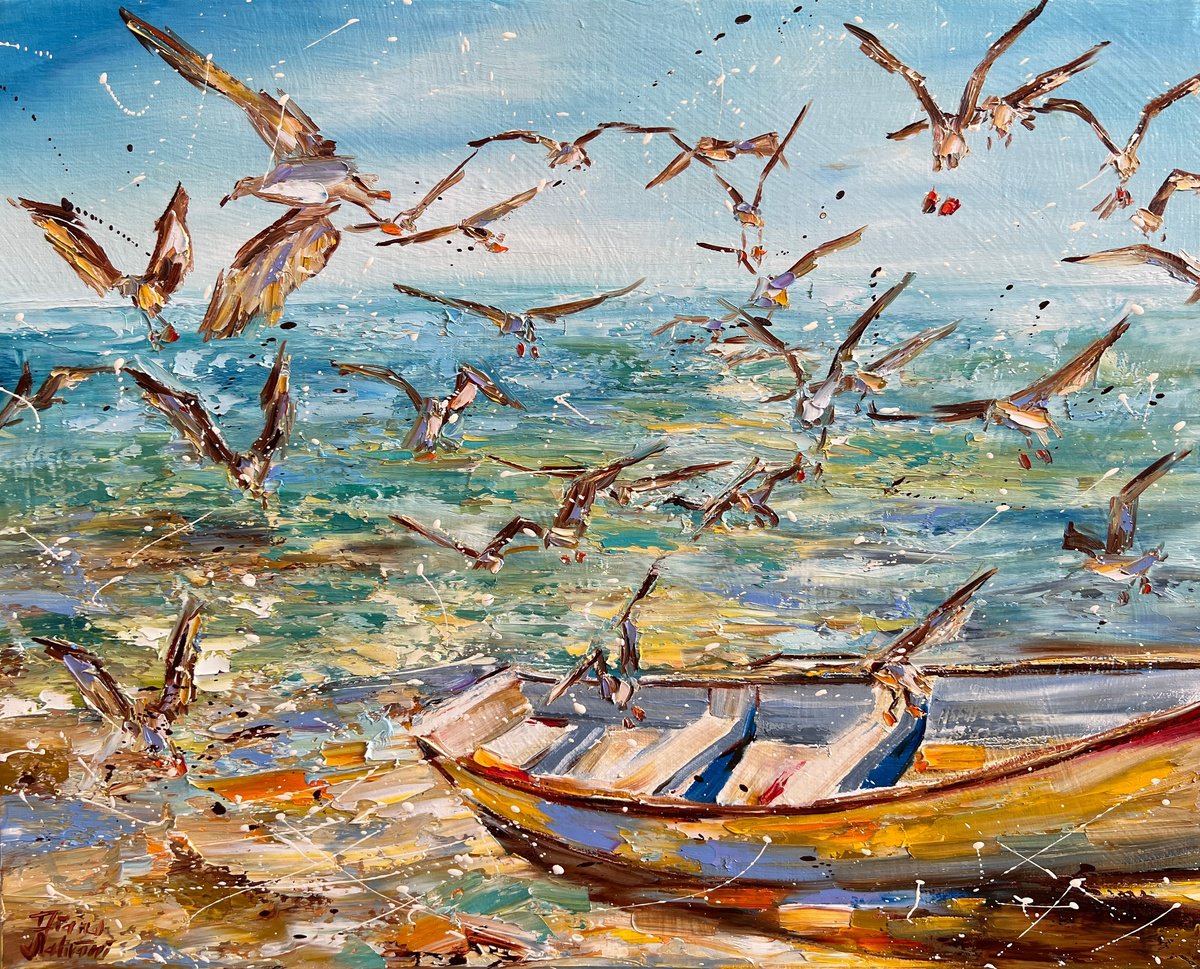 Impressionistic Animal Oil Painting By Diana Malivani, 20 X 16, Seagulls, Original Artwork