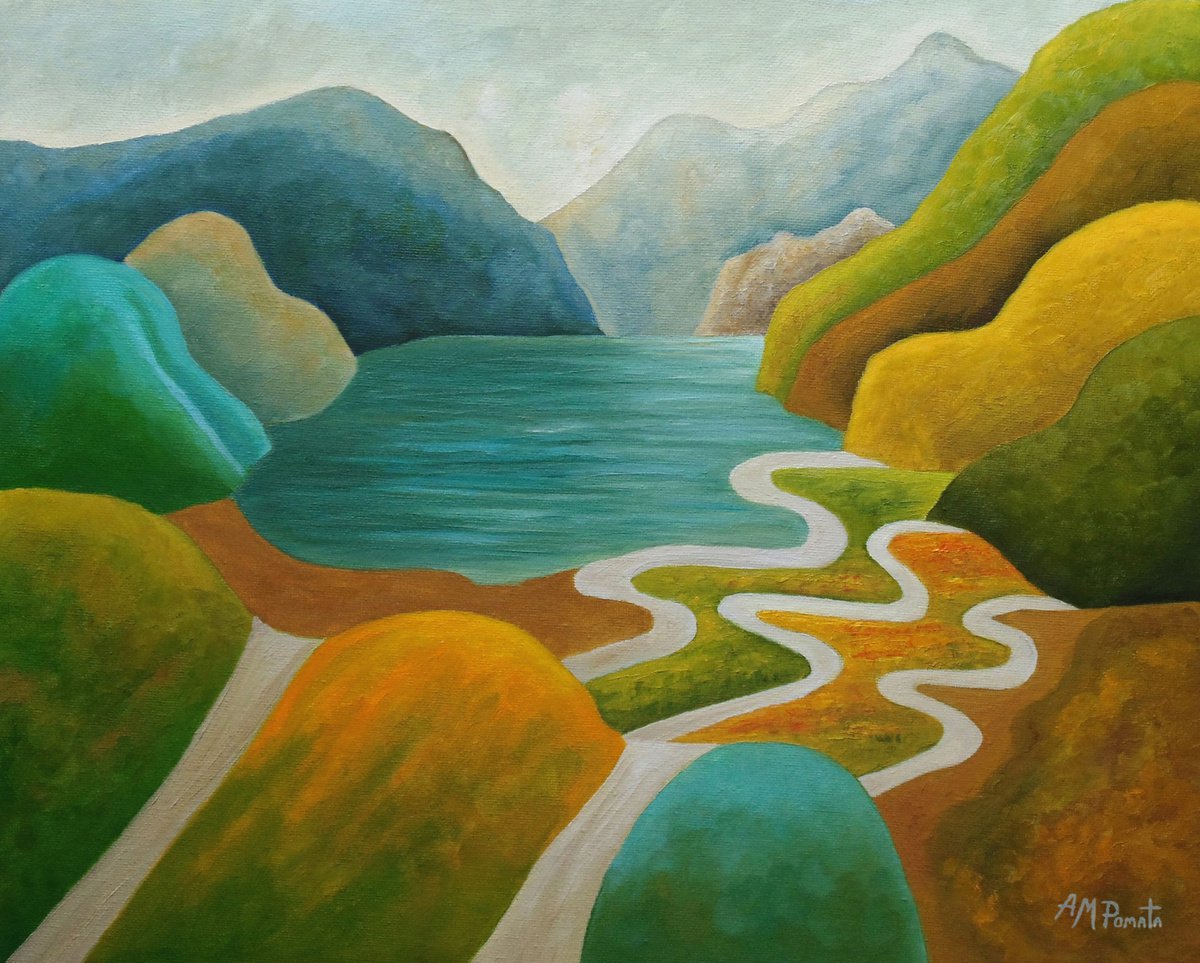 Impressionistic Landscape Oil Painting By Angeles M. Pomata, 16 X 13, Echoes In The Blue Pond, Original Artwork