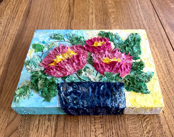 Contemporary Pink Flower Original Textured Poppy in a Pot  Birch Panel Box Board