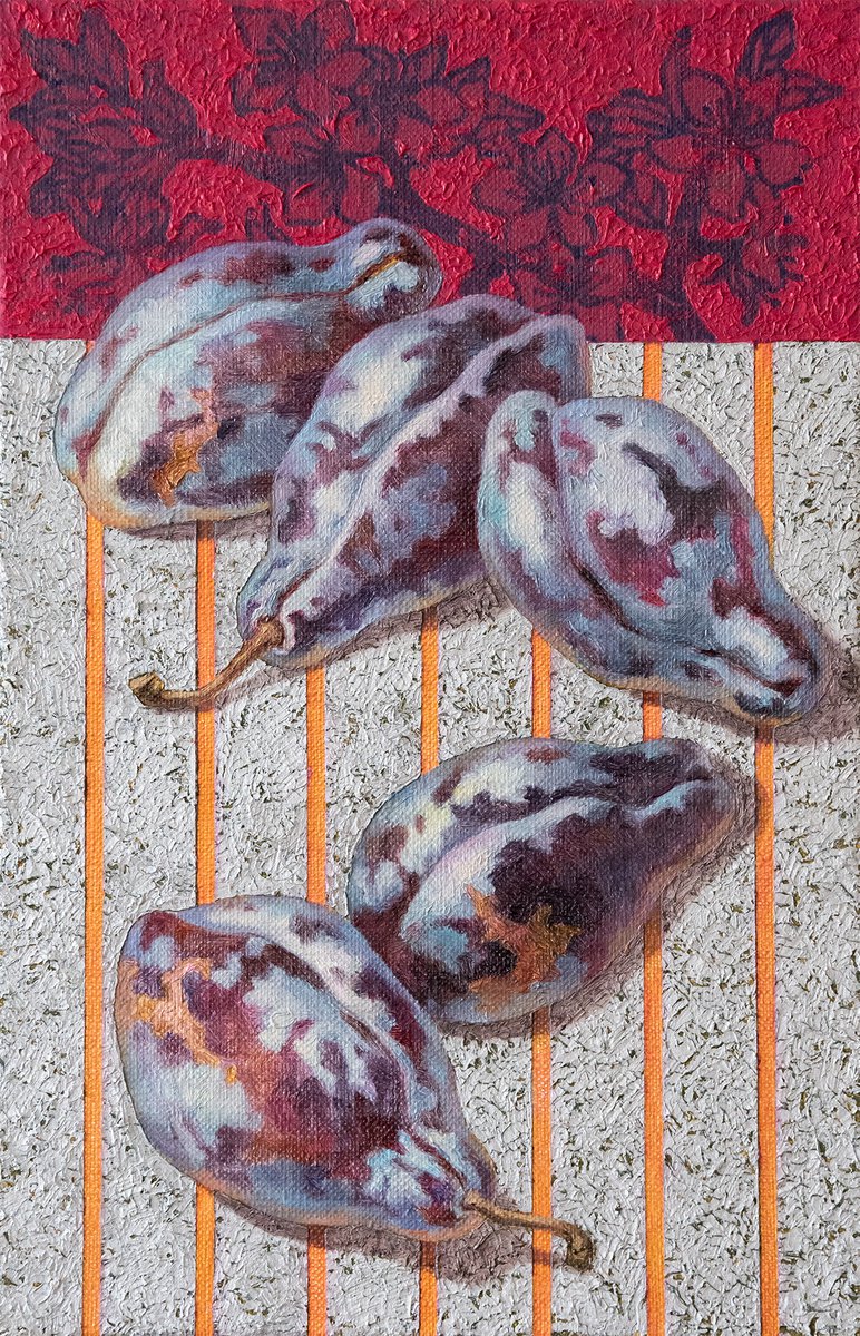 Plums on silver tablecloth by Mariia Meltsaeva