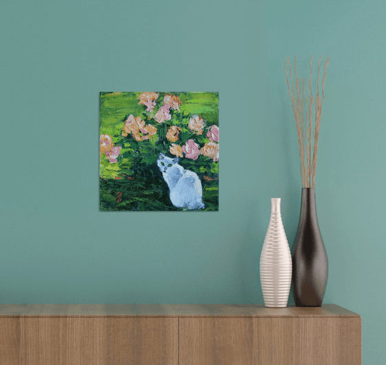 Roses and cat... /  ORIGINAL PAINTING