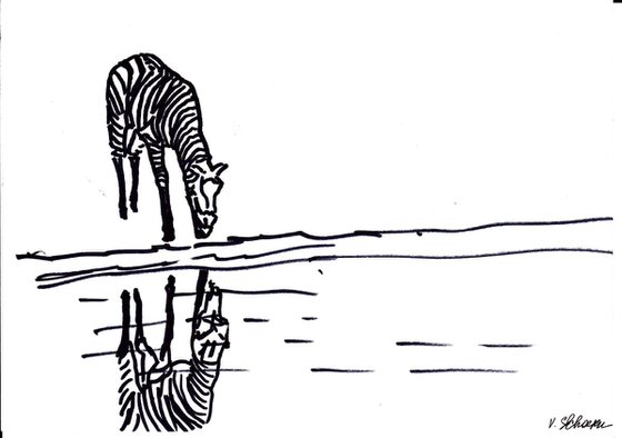 Lonely Zebra. Silhouette. Black and White drawing.