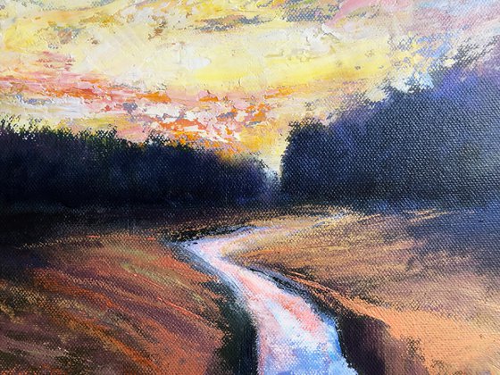 'Winter Stream III' Sunset River Reflections Warm Vibrant Colour