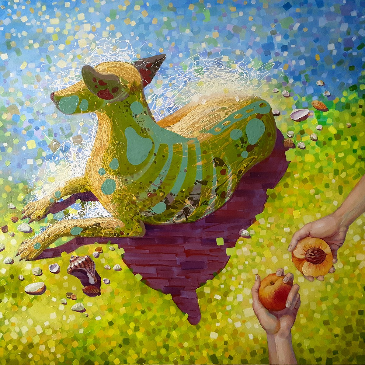 Expressive Animal Oil Painting By Margot Raven, 39 X 39", A Peach, Original Artwork