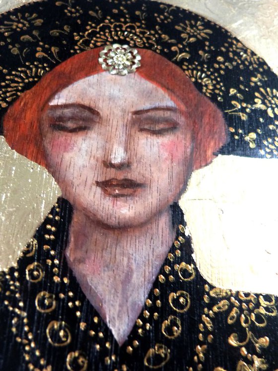 Female redhead icon on wooden panel 20 x 20 cm. "Antonina".