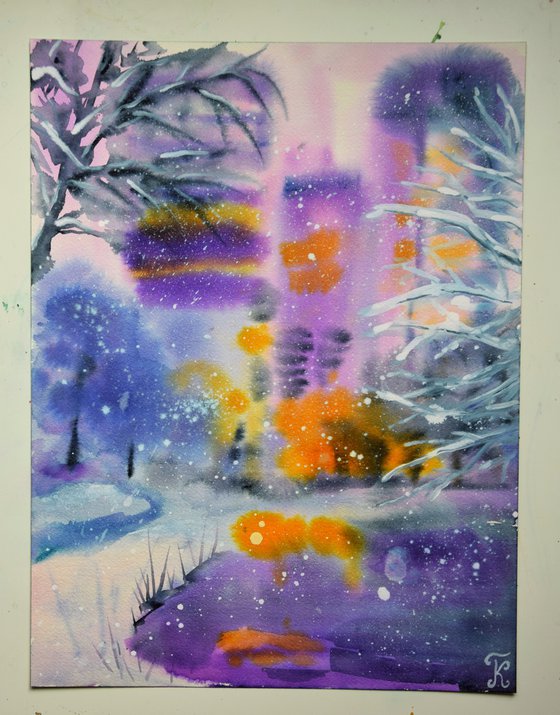 Winter New York Painting, Snowy Central Park Watercolour Art, Abstract Cityscape