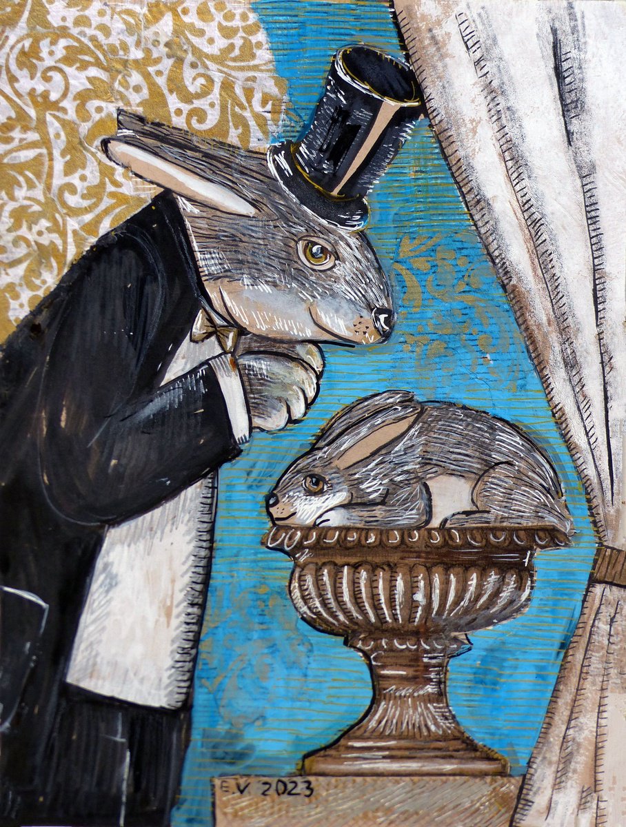 Surrealistic Painting , Circus Illusion With A Bunny By Elizabeth Vlasova, 9 X 12, Artwork For Sale On Artfinder