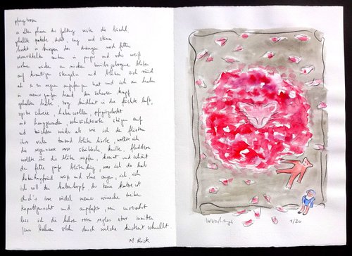 Monika Rinck: Peonies, Variant 1 - handwritten poem and gouache by Volker Mayr