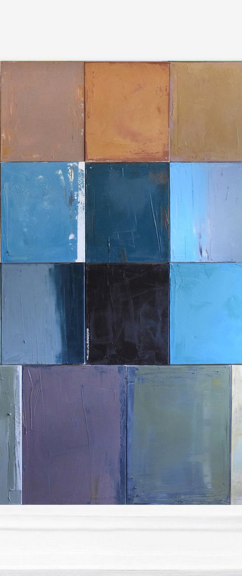 Oil painting, poliptych-19parts, canvas art, stretched, "Play with me XV". Size 78.7/ 86.6 inches (200/220cm) by Kariko ono