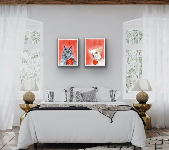 Set of 2 portrait of maine coon cat and chihuahua dog with red heart