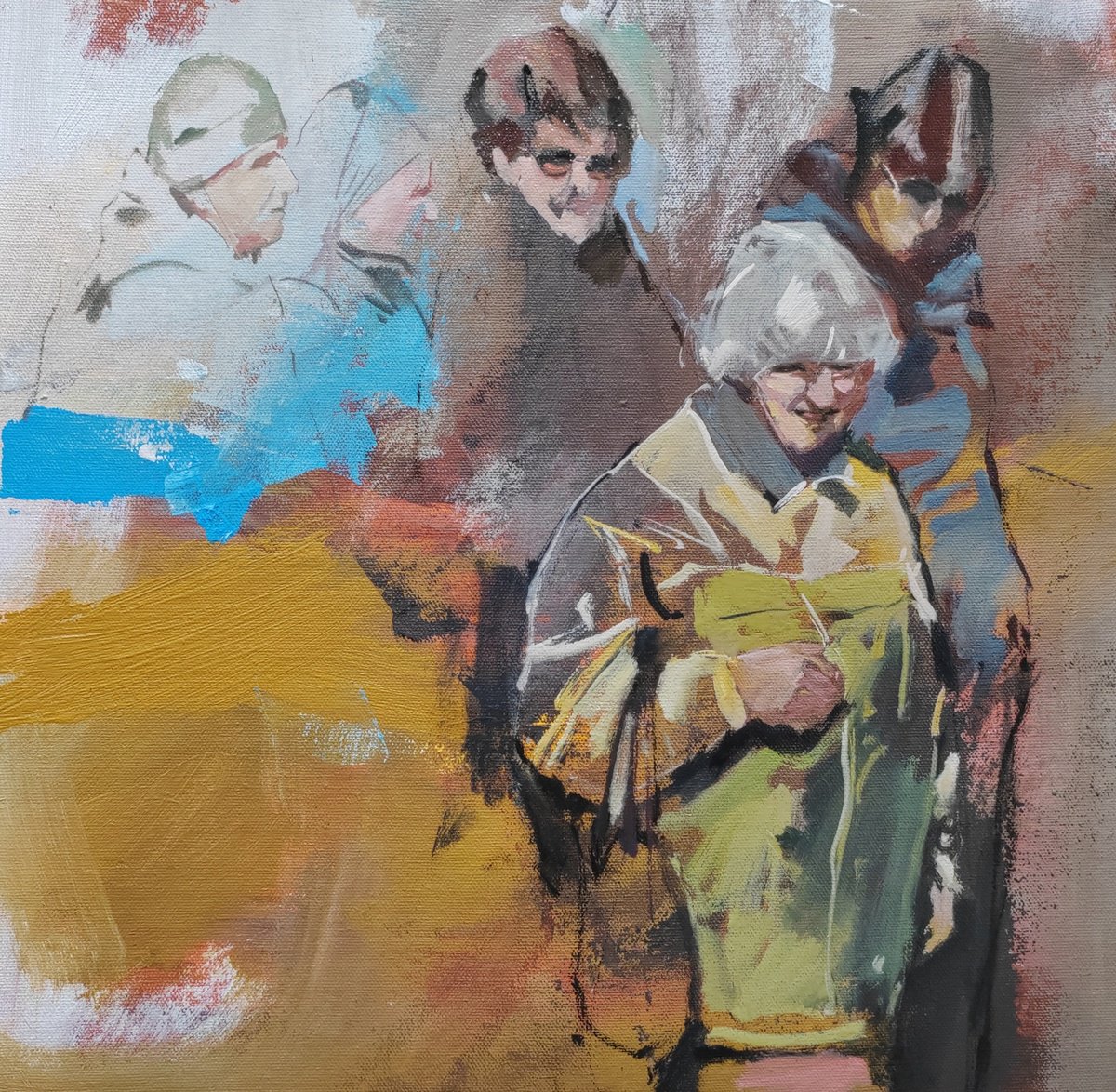 Expressive Portrait Oil Painting By Robert Kormos, 15 X 15", Forbidden Glances, Original Artwork