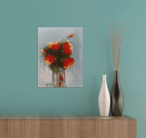 Still life with red flowers in vase. Gift idea
