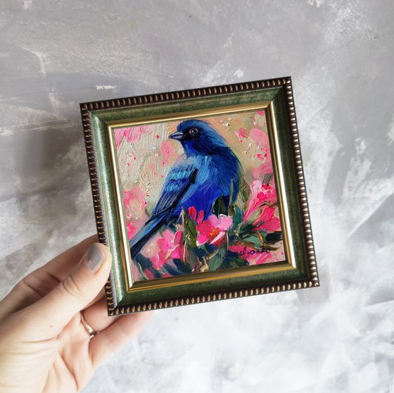 Original painting bird on pink blossom branch 4x4, Small paintings framed art blue bird of happiness