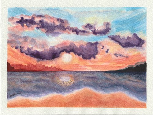 Original Watercolour approx. 6.25" x 8.25"  Seascape Painting 'Distant City' by Stacey-Ann Cole (Unframed) by Stacey-Ann Cole