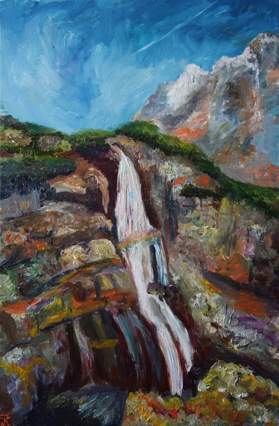 Oil original painting Waterfall in mountains Slovakia