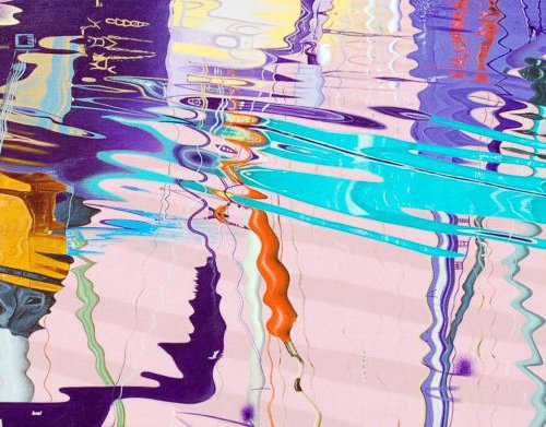 Yacht reflection in mostly green and pink and purple by Steve White