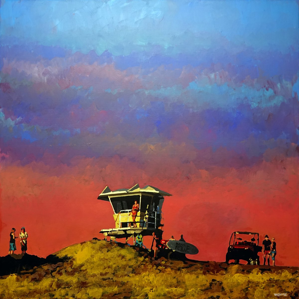 Impressionistic Landscape Acrylic Painting By Tomasz Brynowski, 43 X 43", Ocean Beach, Original Artwork