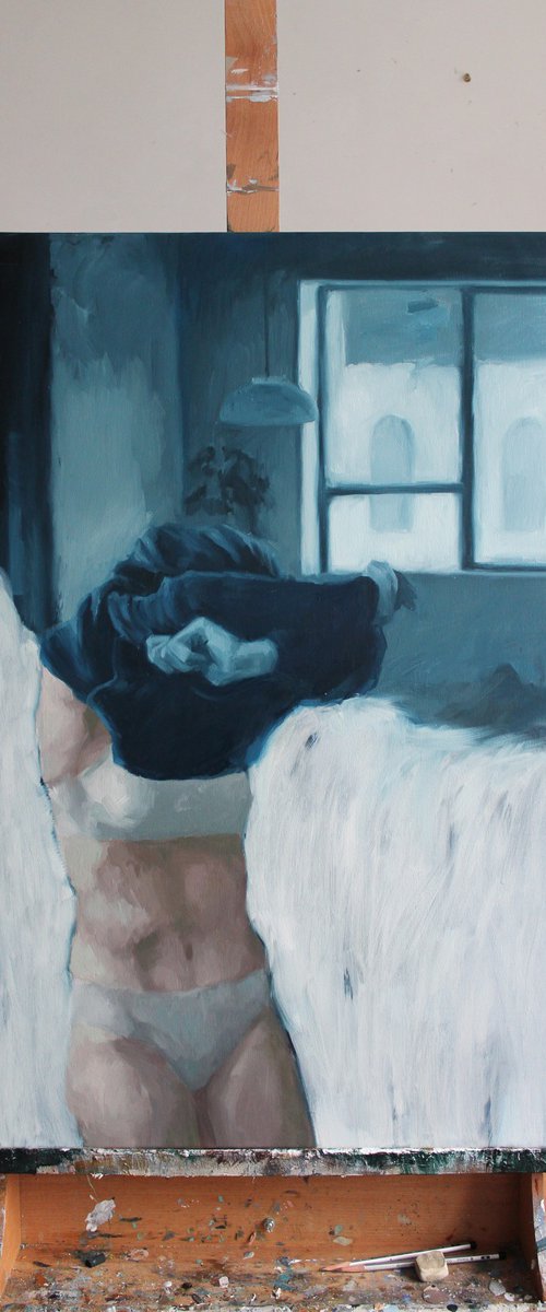 "Stay with yourself" Girl at home oil art by Yana Sagan