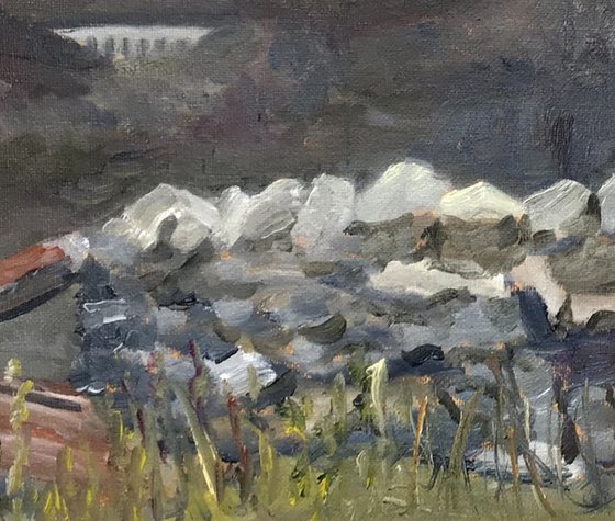 Stone walls and mountains near Ffestiniog, An original oil painting.