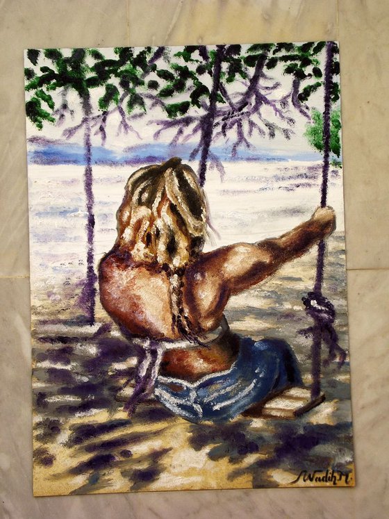 SEASIDE GIRL - SWINGING IN SHADOWS - Thick oil painting - 30x42cm