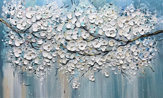 Sakura Branches - Original Abstract FlowerPainting, Abstract Painting, White Blooming Flower Painting, Size: 40 x 24 inches (100 x 60 cm)