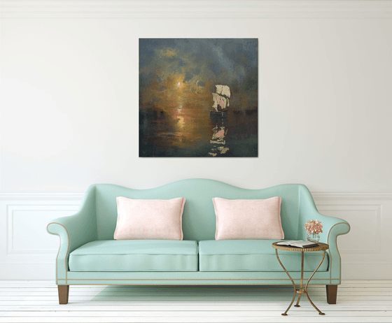 " Harbor of destroyed dreams - Emerald Night " W 110 x H 110 cm