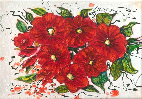 Abstract Red Flowers  7"X 10" X 0.5"