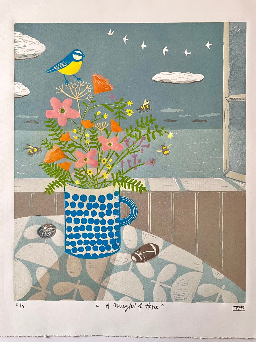 Illustrative Still Life Linocut By Alison Headley, 11 X 15, A Mugful Of Hope, Original Artwork