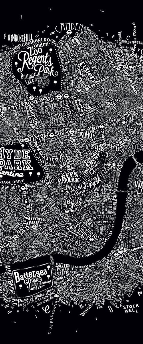 Typographic Street Map Of Central London (Black) by Dex