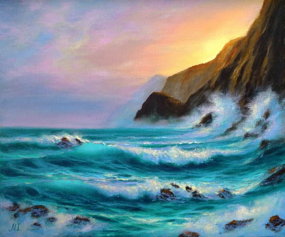 Seascape Sunset - Painting Seascape Original Art Coastal Artwork Wave Wall Art Storm Small Painting 12" by 10"
