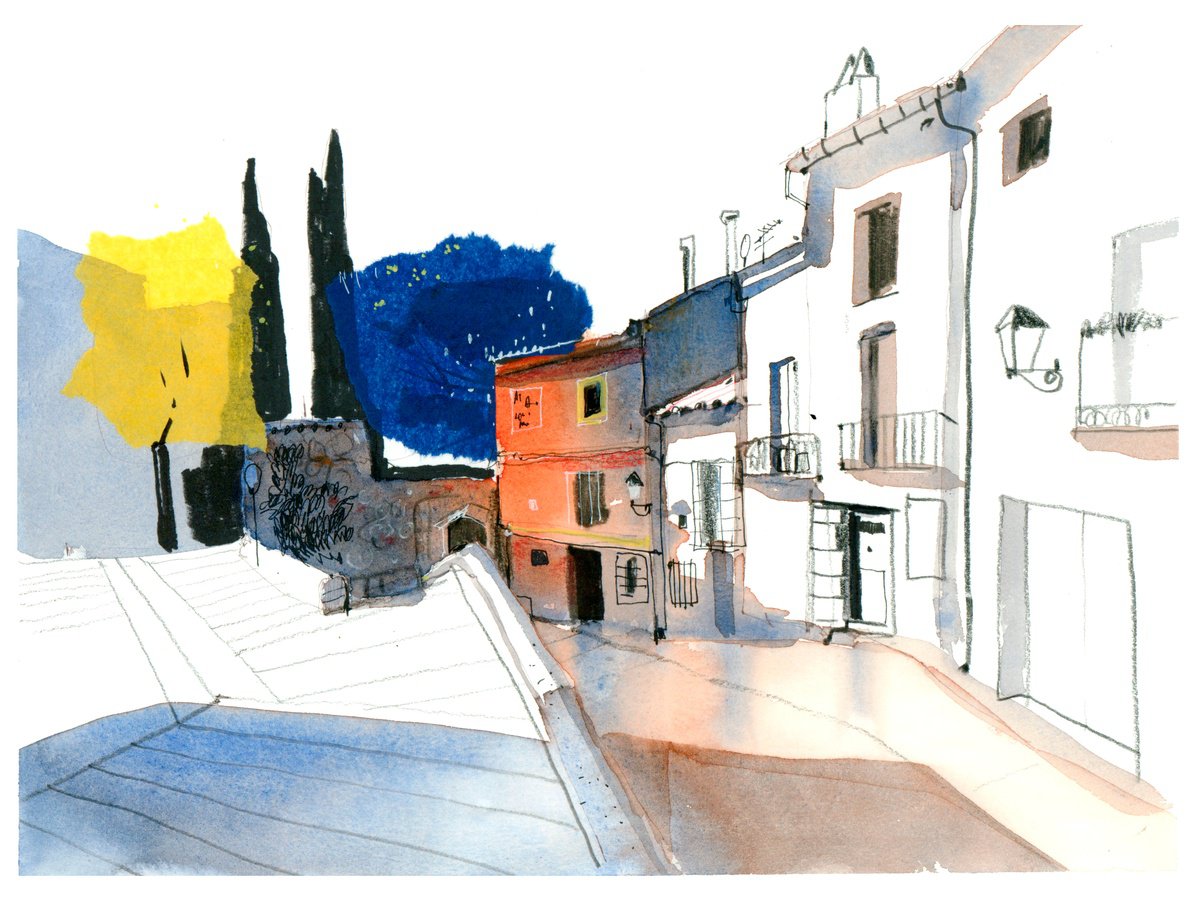 Impressionistic Cityscapes Watercolour By Anastasia Mamoshina, 12 X 8, Sunny Morning In Cuenca Spain, Original Artwork