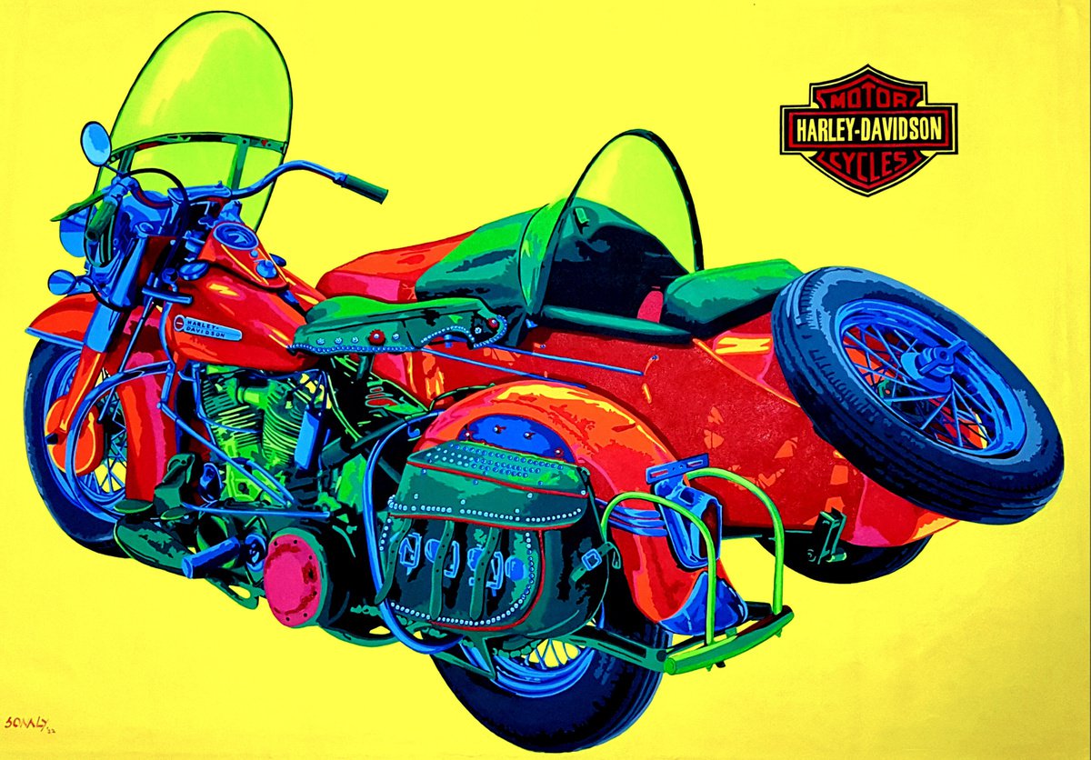 Urban And Pop Transport Acrylic Painting By Sonaly Gandhi, 60 X 42", Automobiles - Classic Meets Pop - Harley Davidson With Sidecar 1950, Artfinder