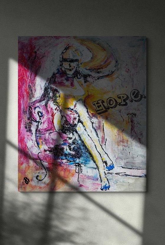 - Sitting Woman (H.O.P.E.) - Hold On, Pain Ends - Large XXL Painting. 96x116 cm.