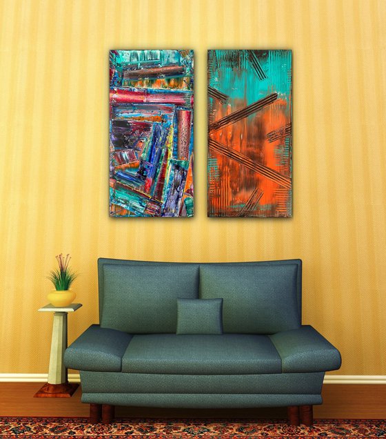 "We Go Together Like Oil and Acrylic" - Save As A Series - Original PMS Abstract Diptych Oil and Acrylic Paintings On Canvas - 36" x 36"