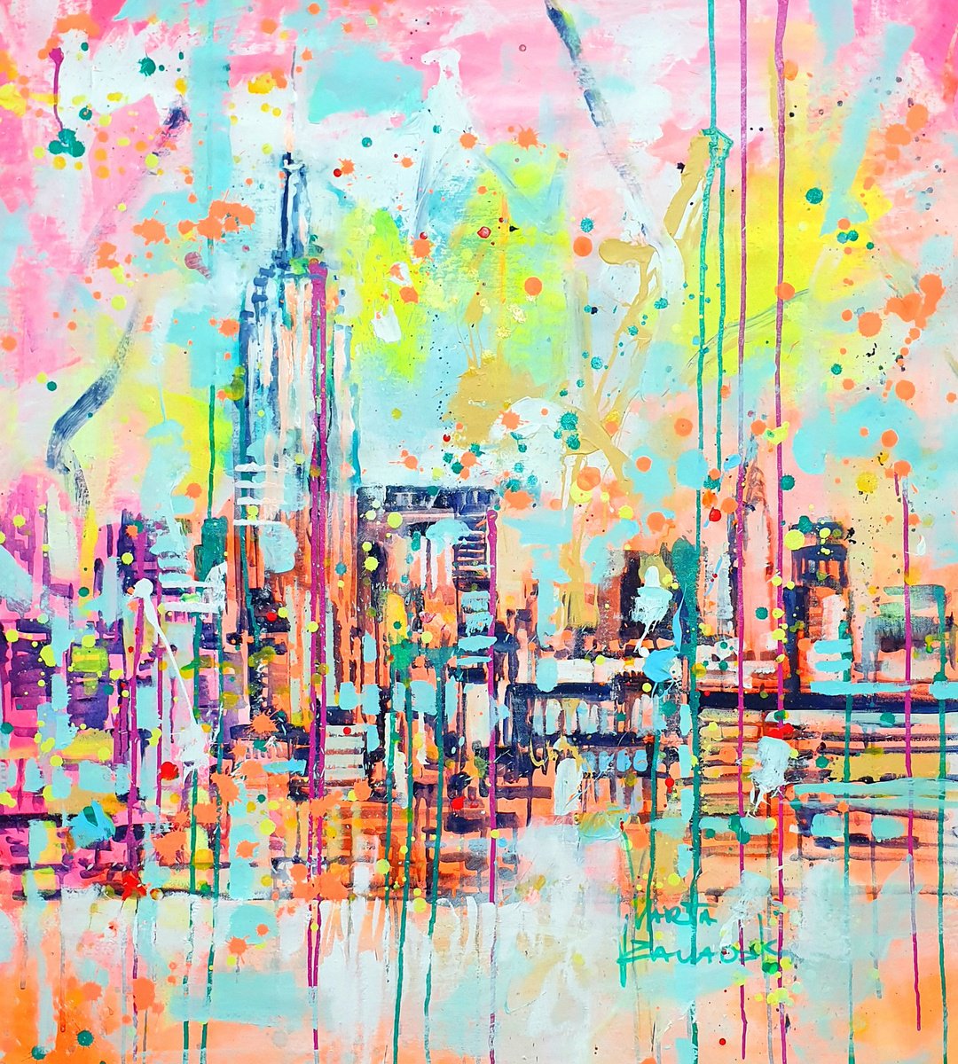 Impressionistic Cityscapes Acrylic Painting By Marta Zawadzka, 35 X 39", Nyc, Original Artwork