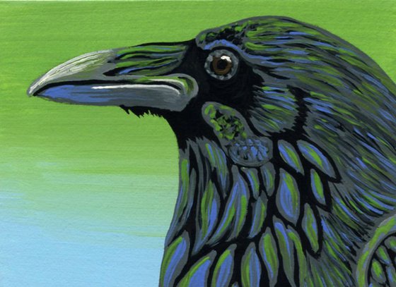 ACEO ATC Original Miniature Painting Crow Raven Bird Wildlife Art-Carla Smale