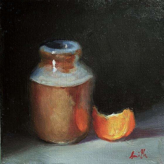 Original Oil Still Life Orange Slice & Ink Pot.