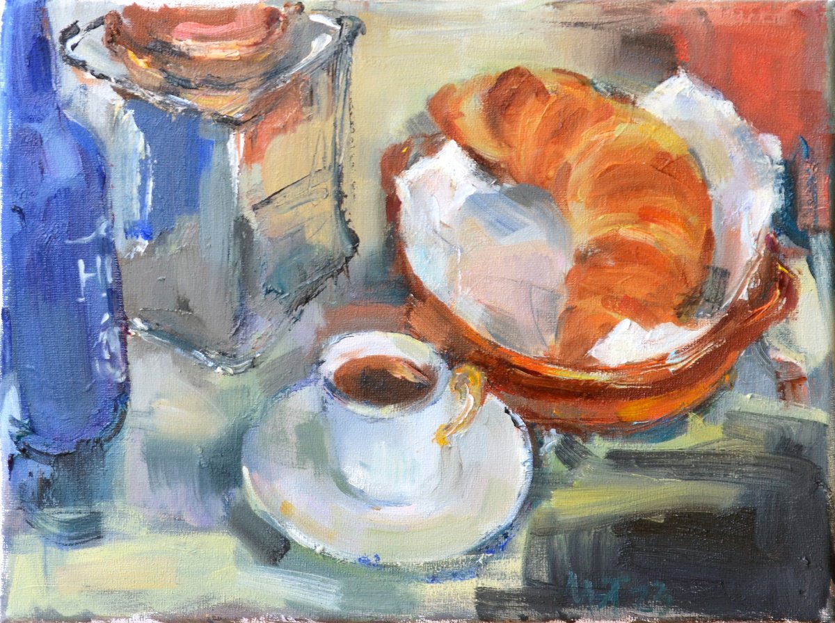 Impressionistic Still Life Oil Painting By Nelina Trubach-Moshnikova, 14 X 11", Still Life With Croissant, Original Artwork